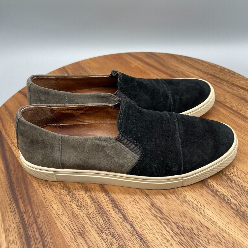 FRYE Gemma Shoes Womens Size 7.5 M Black & Gray Suede Leather Slip On Comfort